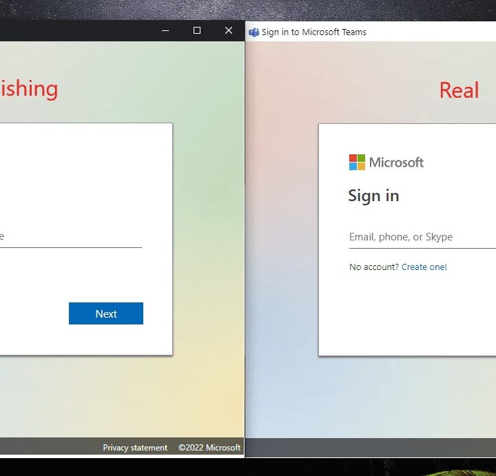 Two Microsoft sign in prompts -- one fake, one real, side by side.