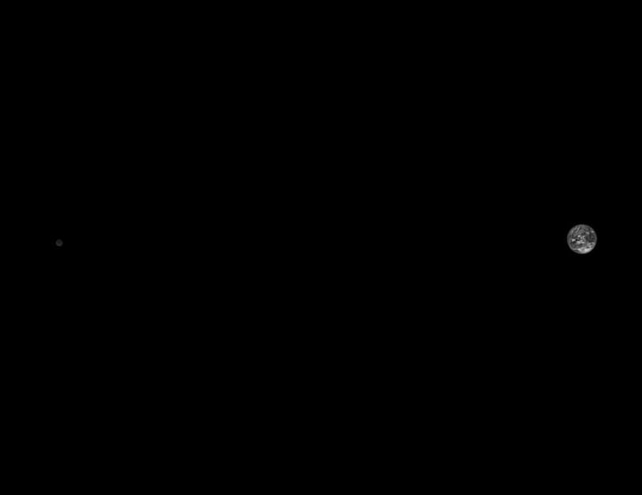 On October 13, 2022, NASA’s Lucy spacecraft captured this image of the Earth and the Moon from a distance of 890,000 miles (1.4 million km). The image was taken as part of an instrument calibration sequence as the spacecraft approached Earth for its first of three Earth gravity assists. These Earth flybys provide Lucy with the speed required to reach the Trojan asteroids — small bodies that orbit the Sun at the same distance as Jupiter. On its 12 year journey, Lucy will fly by a record breaking number of asteroids and survey their diversity, looking for clues to better understand the formation of the solar system.