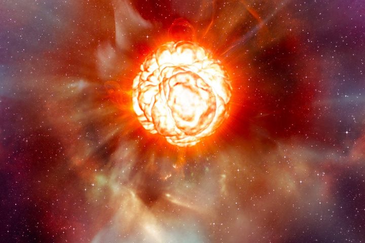 This artist’s impression shows the supergiant star Betelgeuse as it was revealed thanks to different state-of-the-art techniques on ESO’s Very Large Telescope (VLT), which allowed two independent teams of astronomers to obtain the sharpest ever views of the supergiant star Betelgeuse. They show that the star has a vast plume of gas almost as large as our Solar System and a gigantic bubble boiling on its surface. These discoveries provide important clues to help explain how these mammoths shed material at such a tremendous rate.