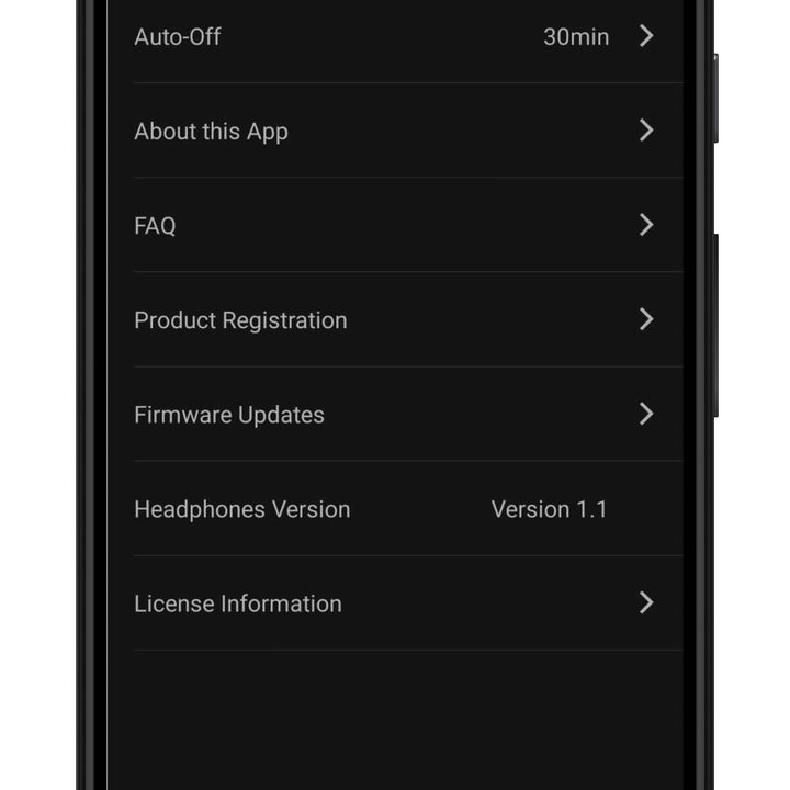 V-Moda Headphone Editor app settings screen.