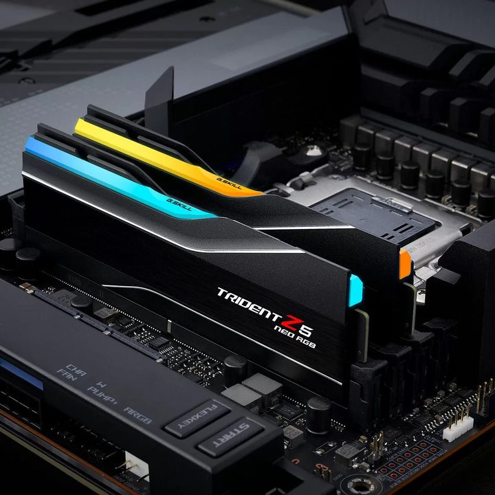 The G.Skill Trident Z5 Neo DDR5 memory seated on a motherboard.