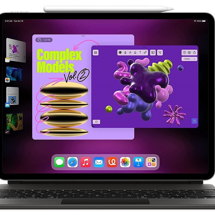 A 2022 Apple 11-inch iPad Pro paired with black keyboard all on white background.