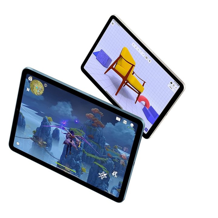 Two colorful 2022 Apple iPad Airs on a white background.