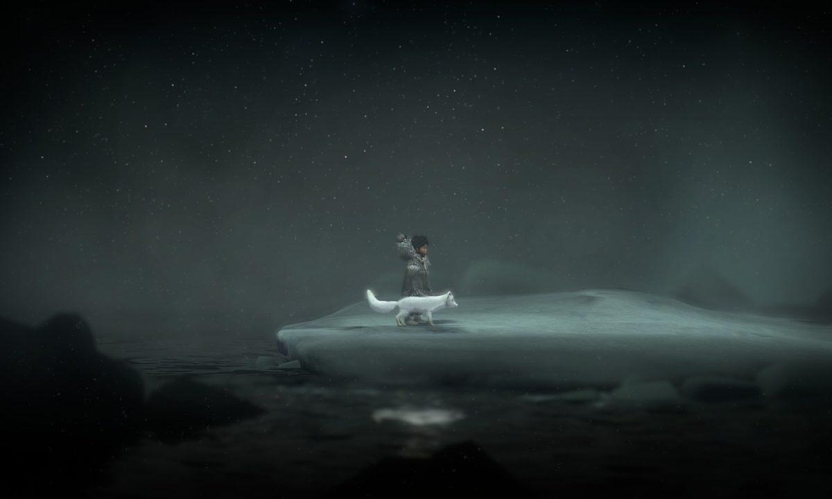A young girl dressed in buckskin stands besides a bright white arctic fox as snow cascades down.