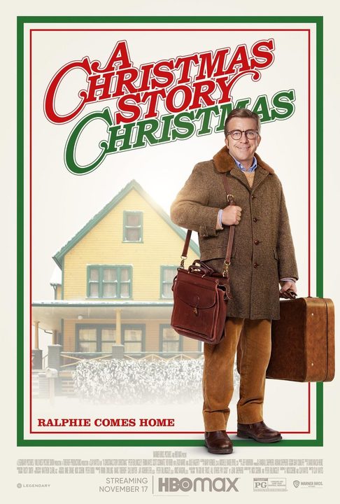 Ralphie stands in front of his house with bags on the poster for A Christmas Story Christmas.