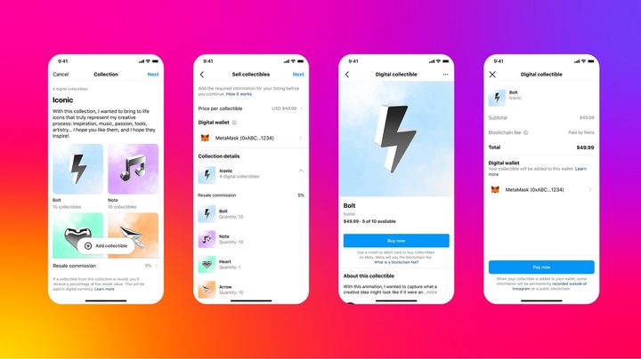 A series of four mobile screenshots showing the selling of NFTs on Instagram.