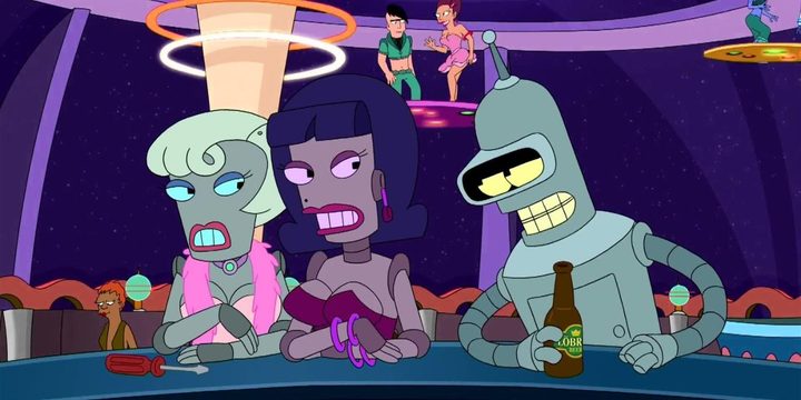 Bender tries to romance some fembots at a bar in Futurama
