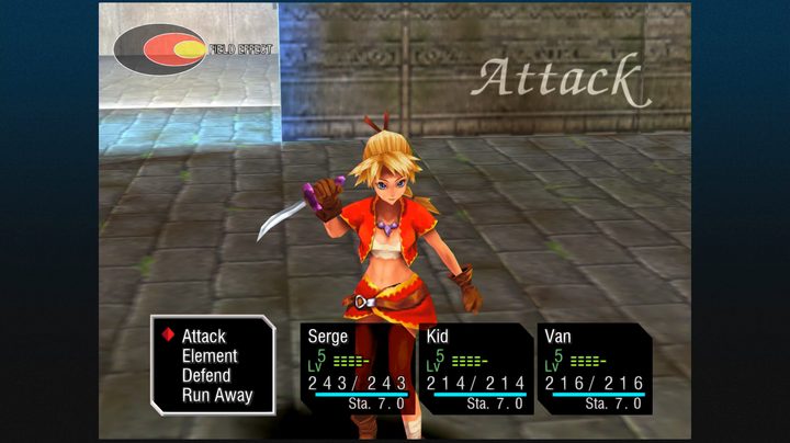 Kid fights and enemy in Chrono Cross: The Radical Dreamers Edition.