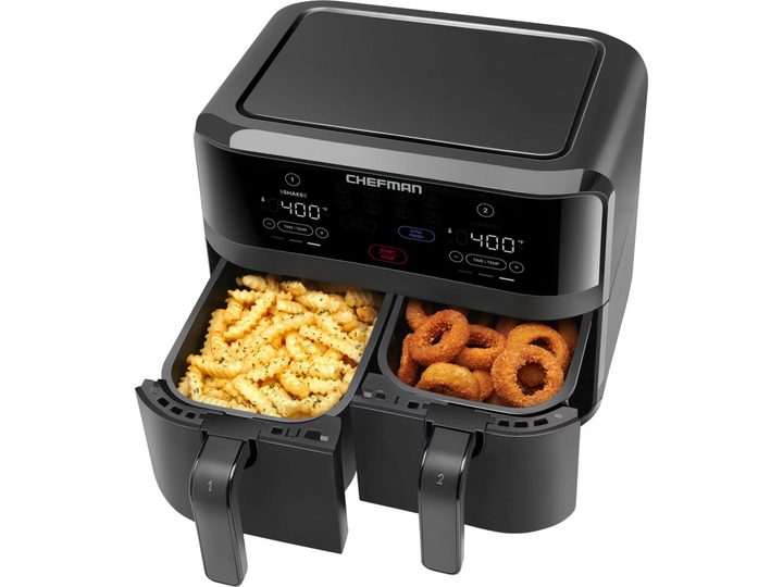 Chefman 9-Quart TurboFry Digital Touch Dual Basket Air Fryer XL product shot with both basket drawers open.