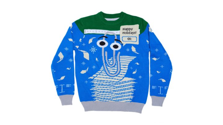 an ugly blue, green, and white clippy sweater