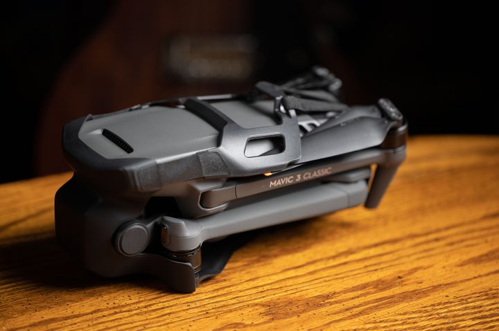 The DJI Mavic 3 Classic folded with straps.
