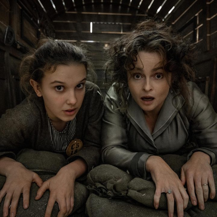 Millie Bobby Brown and Helena Bonham Carter look confused in a scene from Enola Holmes 2.