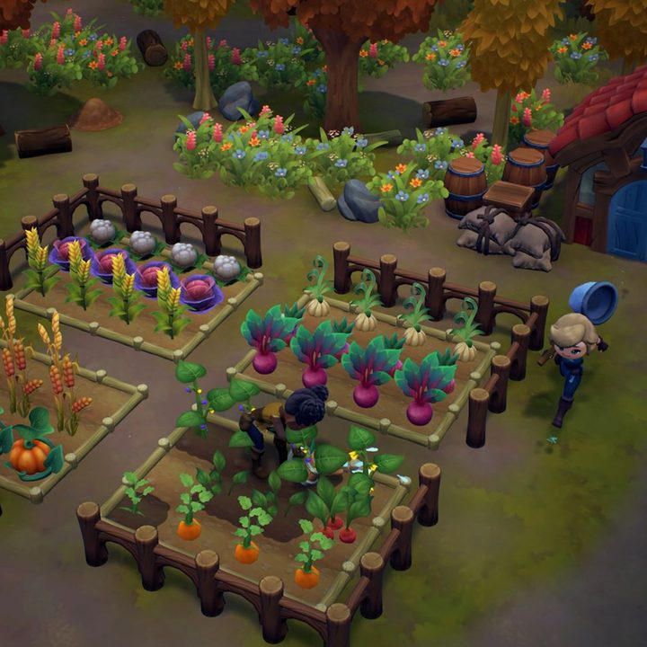 Two players farm outside during autumn in Fae Farm.
