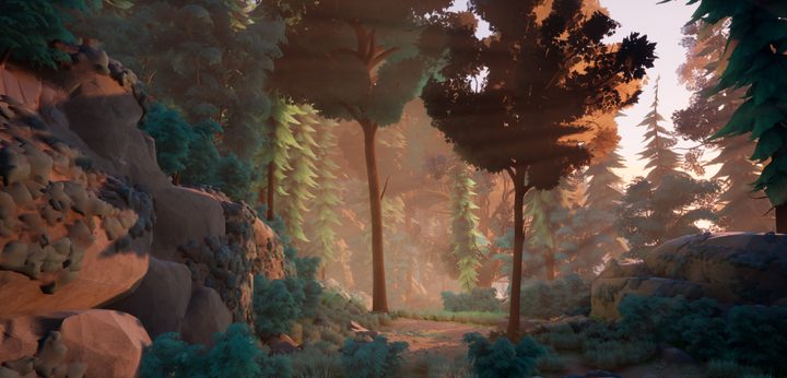 A warm amber glow lights a welcoming forest in Two Falls.