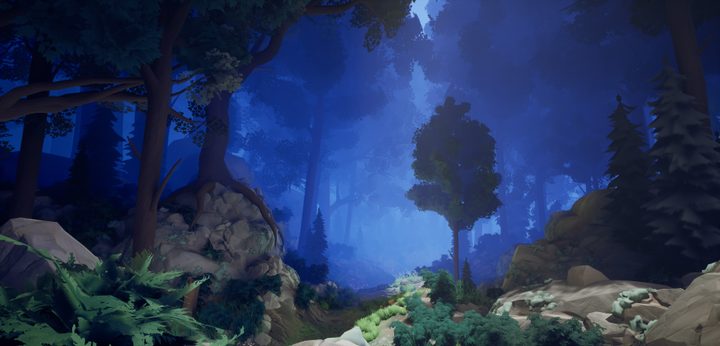 An eerie blue atmosphere envelopes a dense forest in Two Falls.