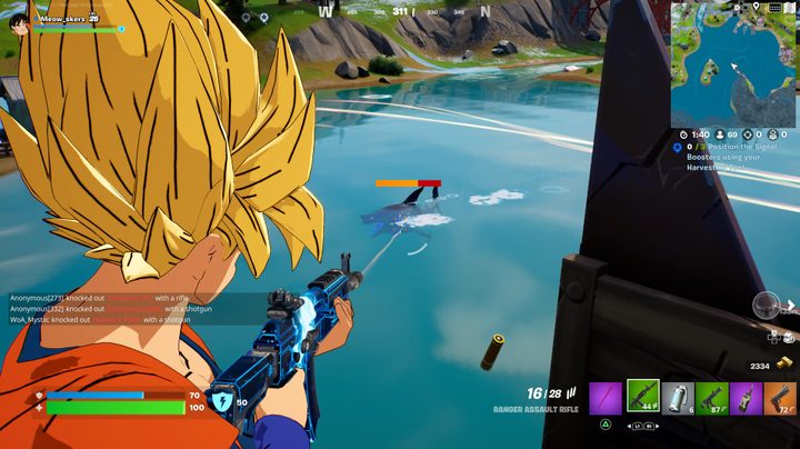 Shooting at shark in Fortnite.