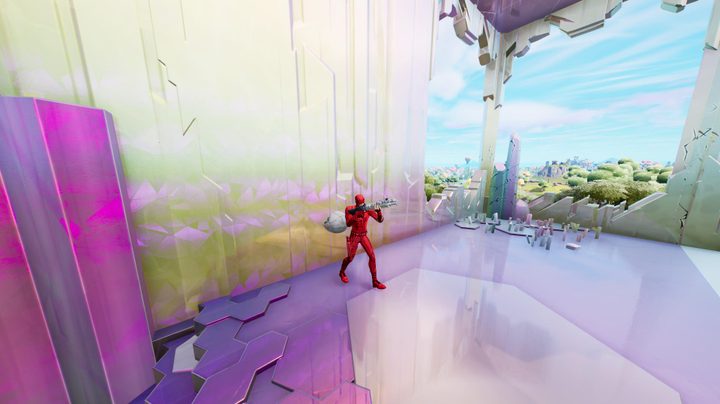 Character shooting EvoChrome weapon in Fortnite.