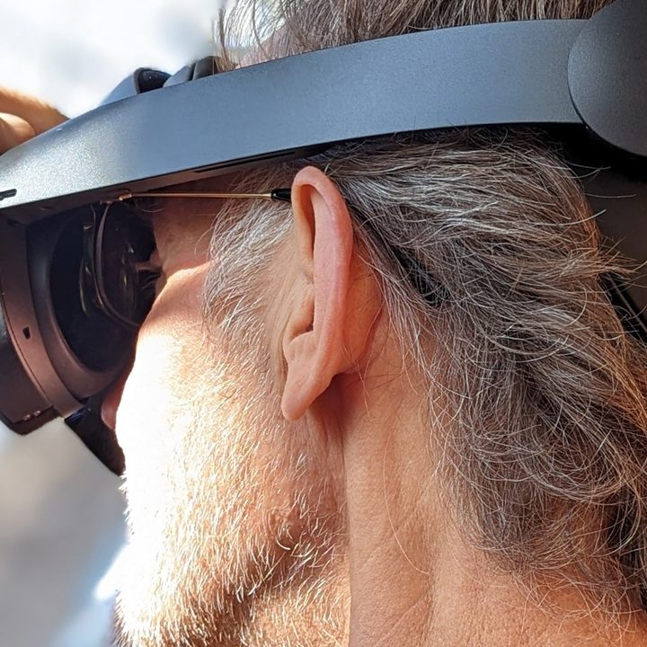 From a side view, you can see how glasses can be worn along with a Quest Pro.