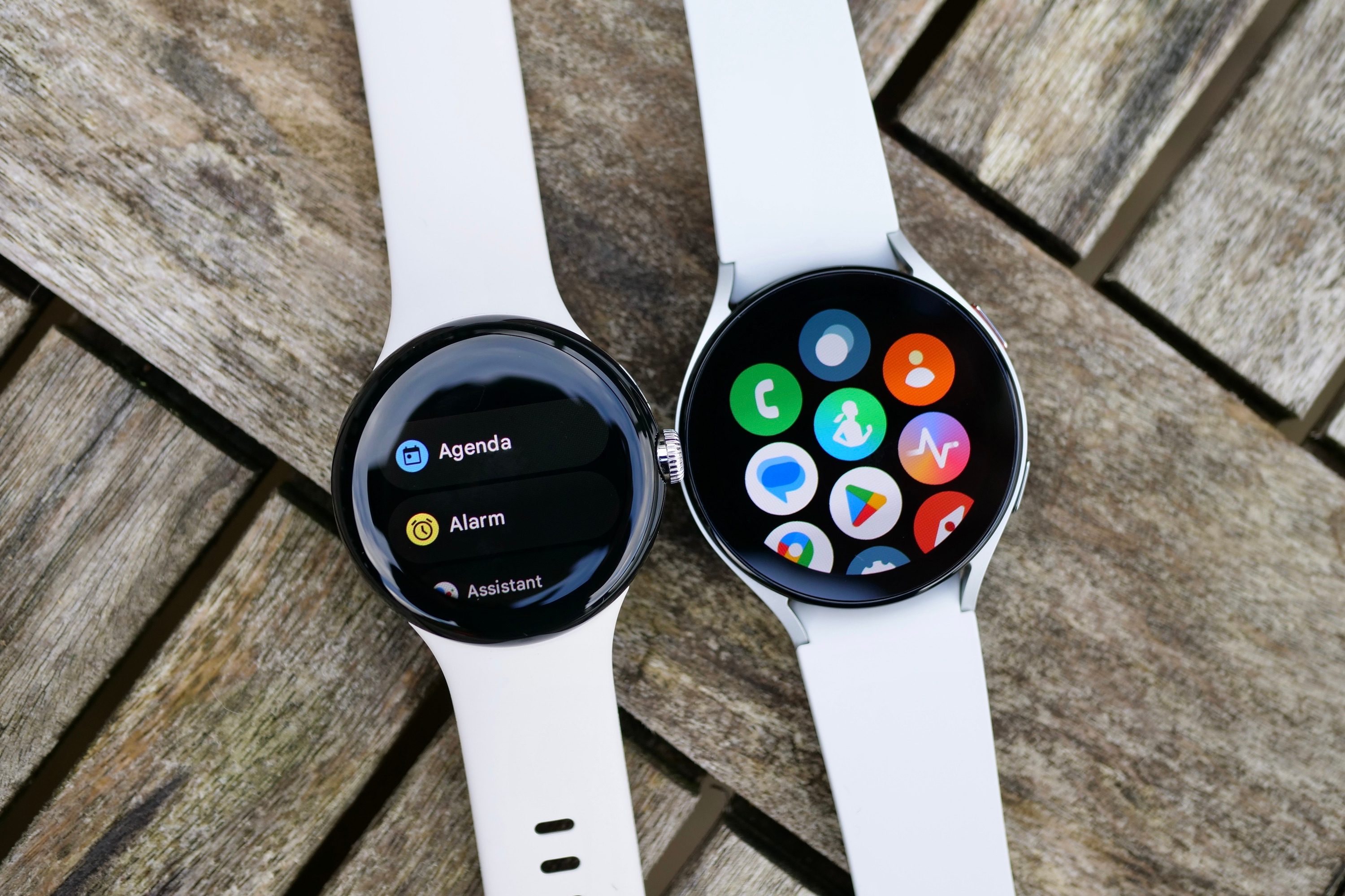 The main menu screens on the Pixel Watch and the Galaxy Watch 5.