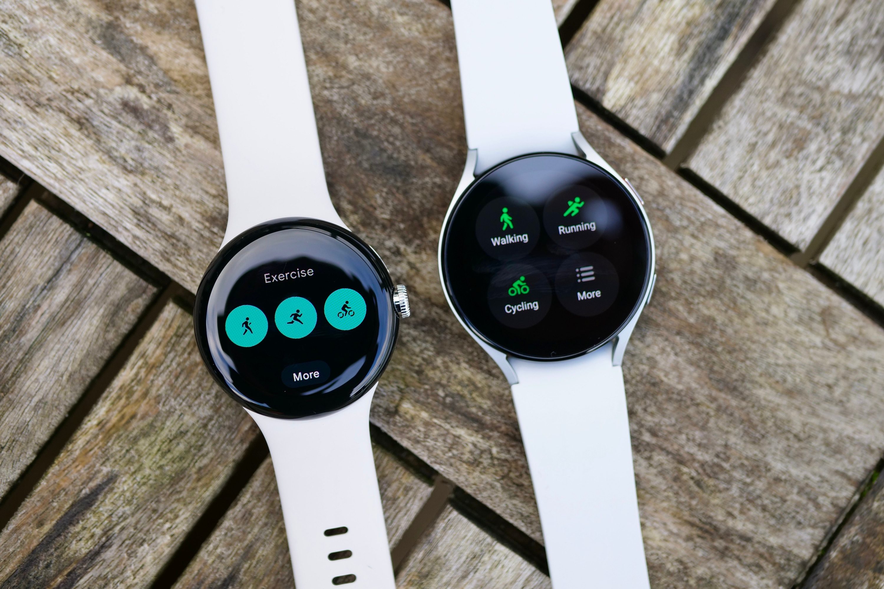 The workout screens on the Pixel Watch and the Galaxy Watch 5.