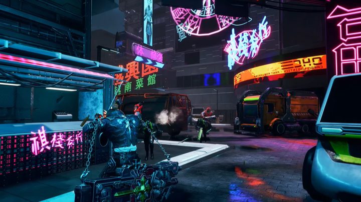 Grave shooting enemies in Gungrave's Hong Kong city.