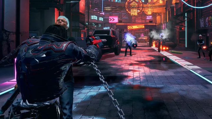 Grave using an enemy as a shield while shooting others in Gungrave.
