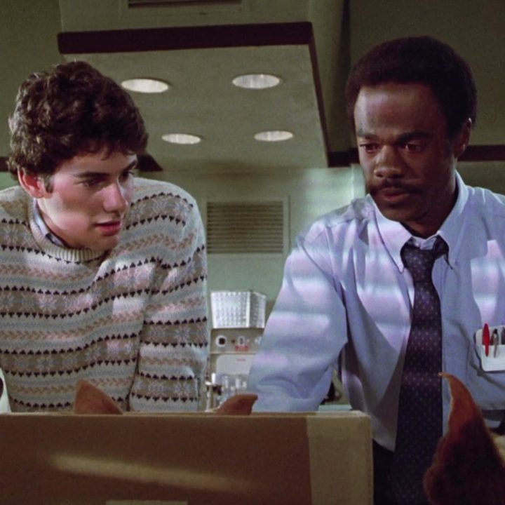 Two men stare at a Gremlin in a box from a scene in Gremlins.
