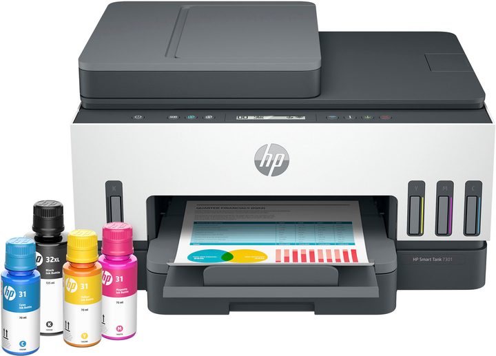 HP Smart Tank 7301 with ink bottles