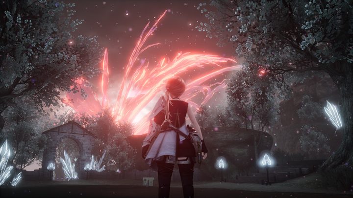 A Harvestella player looking at a mysterious glowing object in the background.