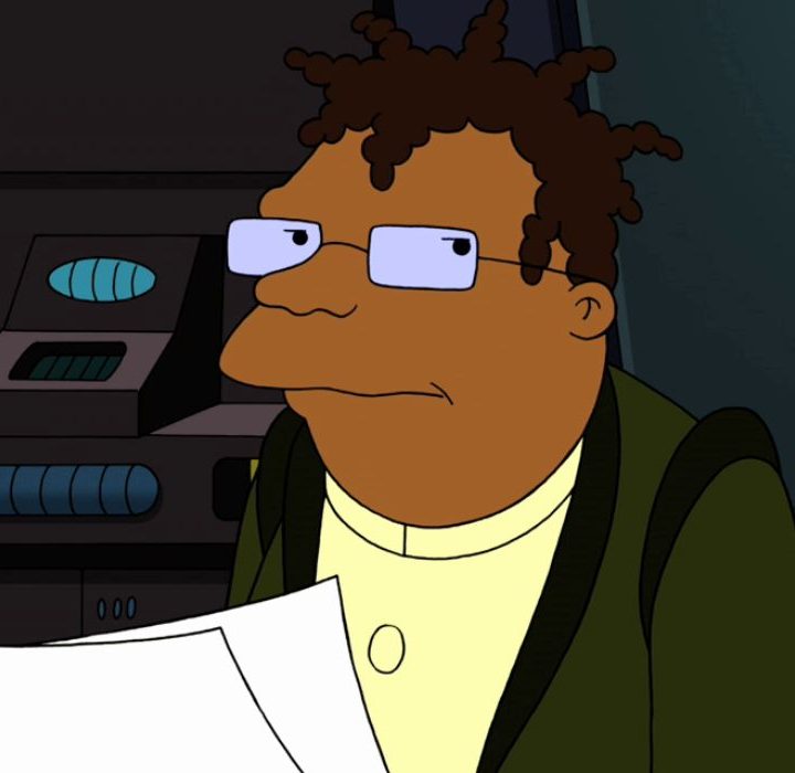 Hermes looks over his documents in Futurama