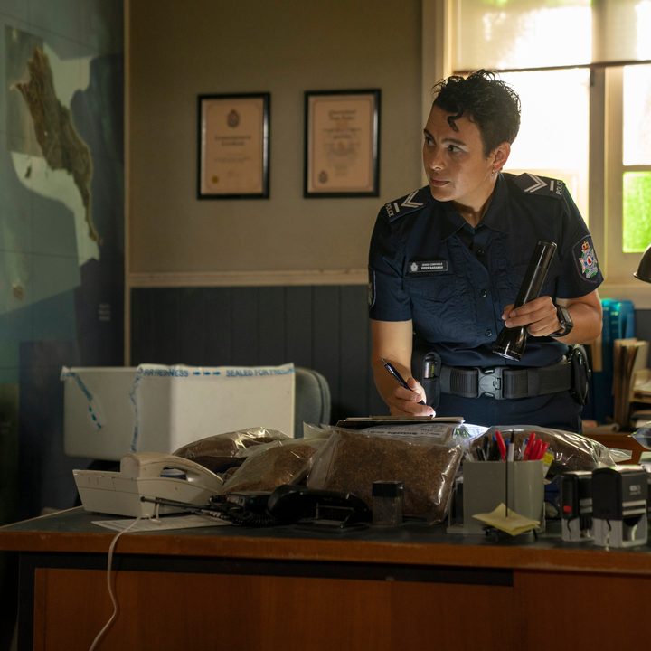 A cop uses a flash light at her desk in a scene from Irreverent.