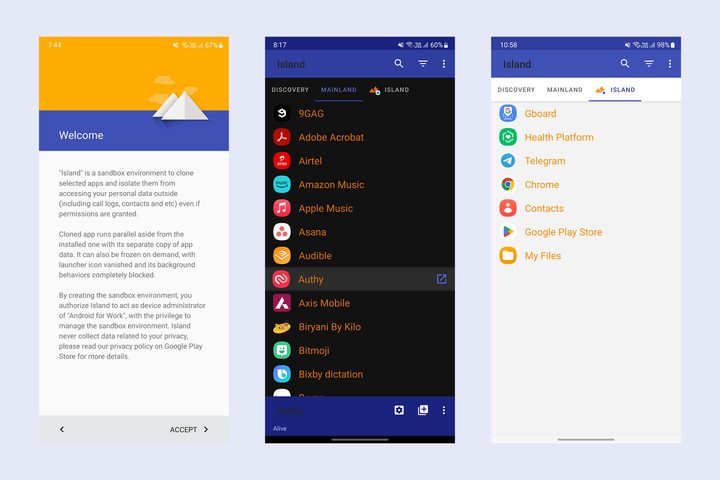 Island dual apps work profile setup.