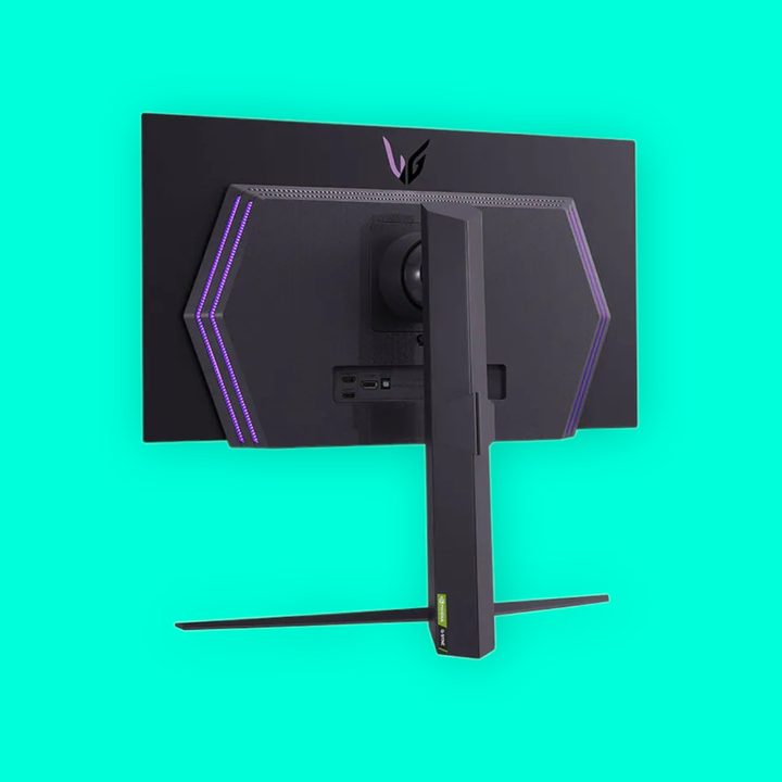 LG 27GR95QE rear view over cyan background.