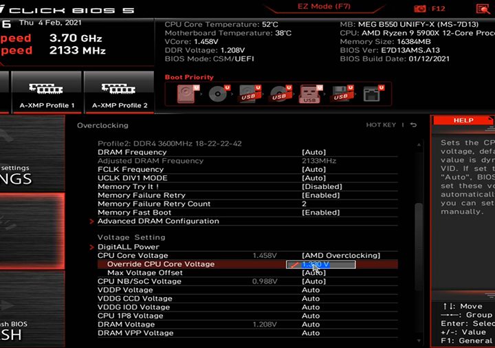 Adjusting the core voltage in an MSI BIOS.