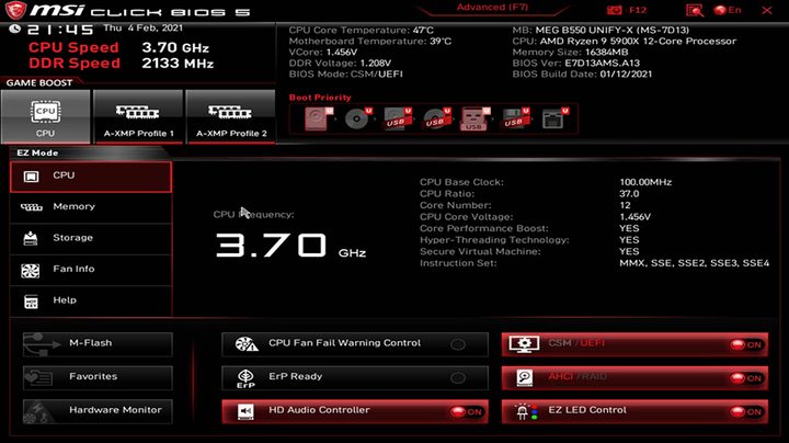 The home screen of an MSI motherboard's BIOS.