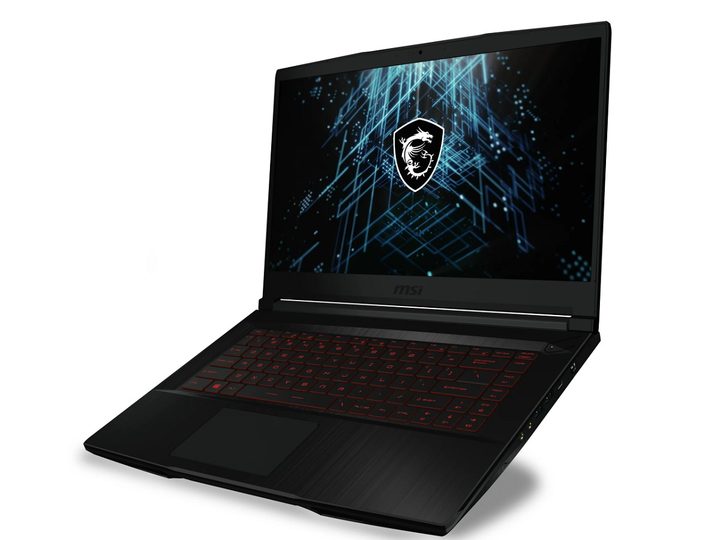 The MSI GF63 Thin gaming laptop on a white background, with the MSI logo on the screen.