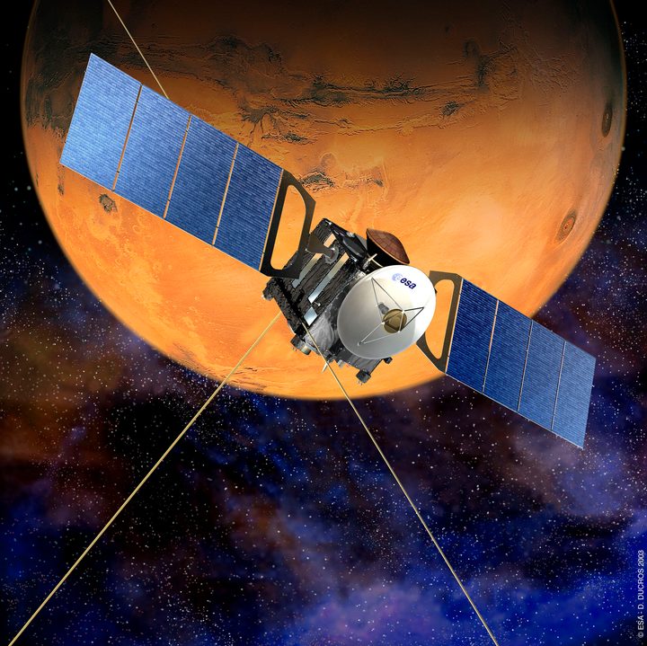 An artist's impression of Mars Express. The spacecraft left Earth for Mars on 2 June 2003. It reached its destination after a six-month journey, and has been investigating the planet since early 2004.