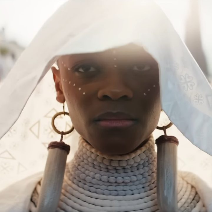 Shuri in a white funeral dress in "Black Panther: Wakanda Forever."