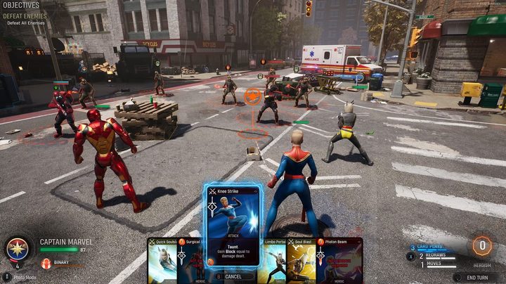 Marvel's Midnight Suns battlefield featuring Iron Man, Magik, and Captain Marvel.