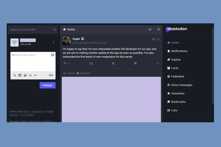 Mastodon homepage screenshot showing three column format.