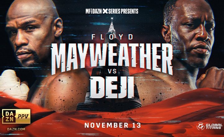 Promotional image for the Mayweather vs. Deji PPV on DAZN.