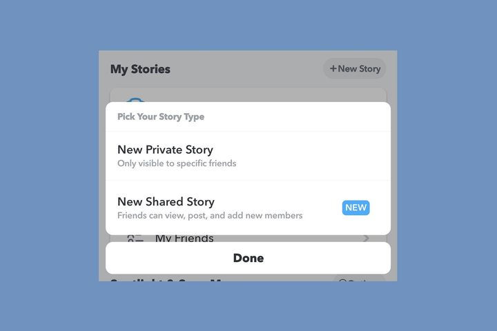 The New Private Story menu option on Snapchat.
