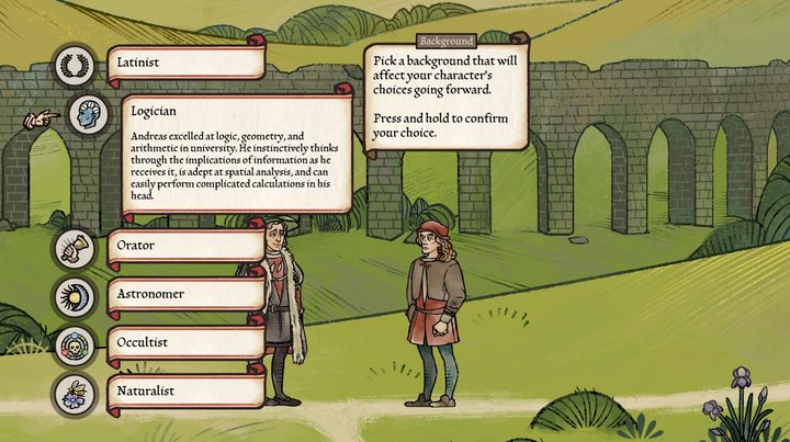A Pentiment player chooses Andreas' background while speaking to Lorenz.