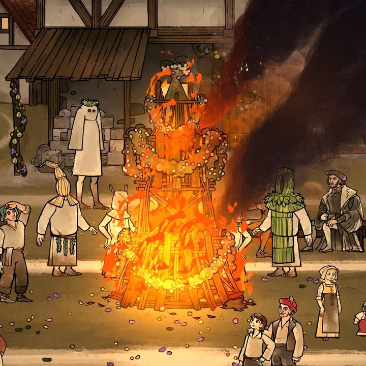A bonfire rages on during a Tassing celebration in Pentiment.