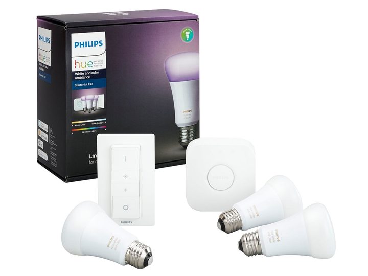 A Philips Hue starter kit with three white and color LED bulbs.