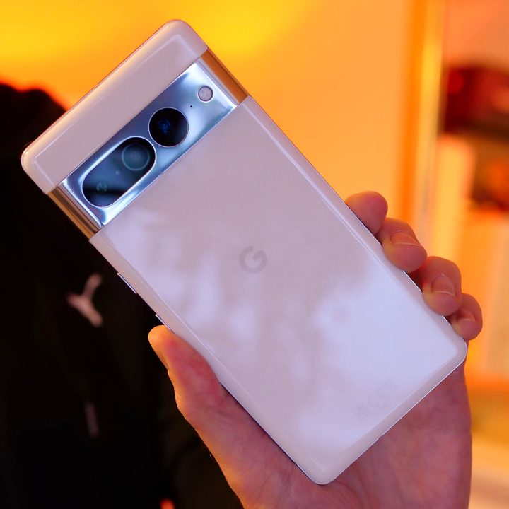 The back of the Pixel 7 Pro held in a person's hand.