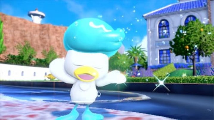 Quaxly taking a bath in a fountain.