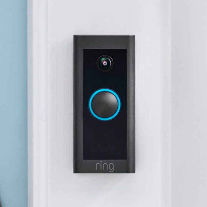 The Ring Wi-Fi Video Doorbell mounted by a front door.