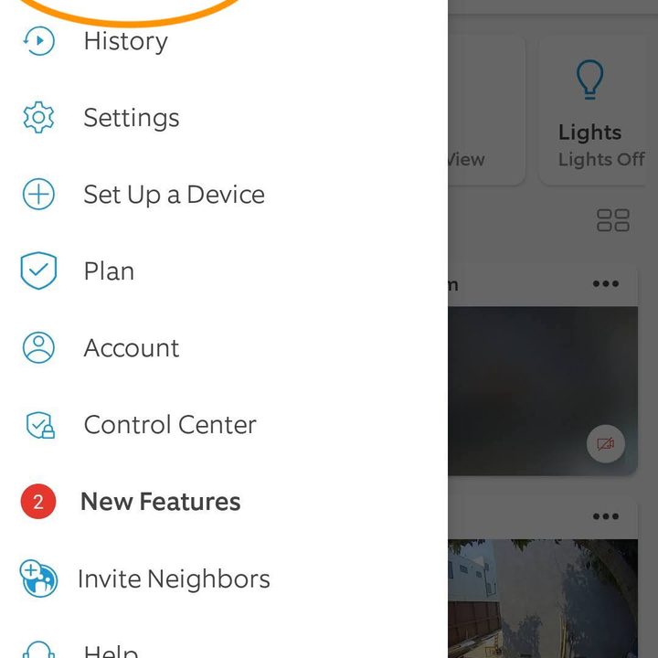 The menu screen of the Ring app