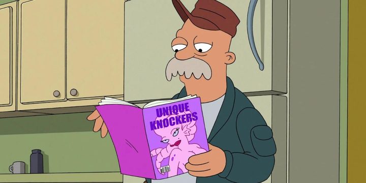 Scruffy reads naughty magazines in Futurama